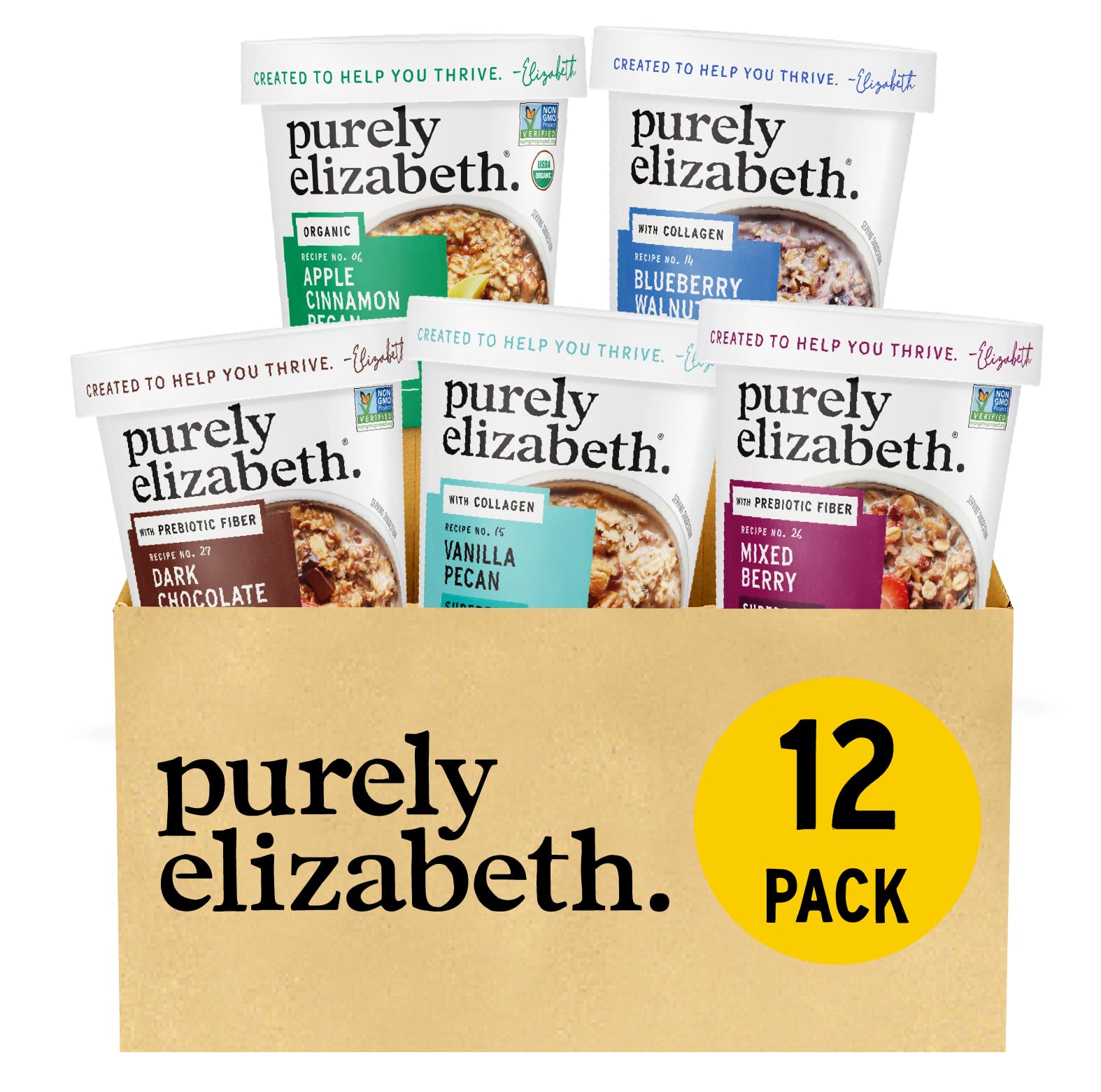 Purely Elizabeth Best Sellers Variety Pack Superfood Oatmeal Cups, Great For Overnight Oats, Gluten-Free, 2 Ounce (Pack Of 12)