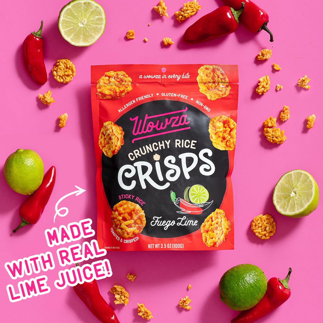 Wowza Fuego-Lime Rice Crisps, Healthy Sticky Rice Crunchy Rice Crisps, 3.5 oz bag (8 pack)