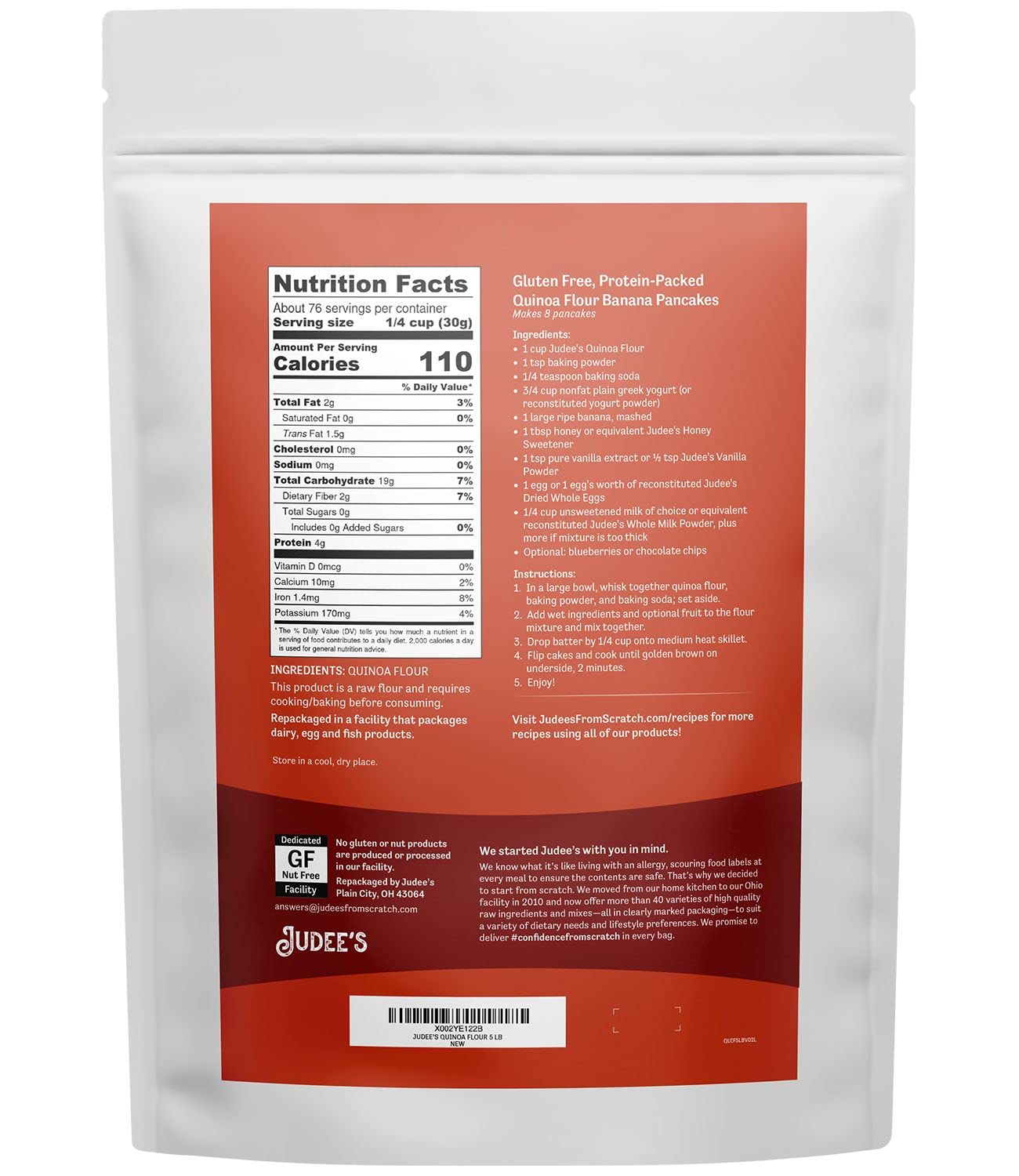 Judee'S Quinoa Flour 5 Lb - Made In Usa, Non-Gmo, Vegan - Great For Making Pancakes, Muffins, Pie Crusts, Quiches, And Breads -