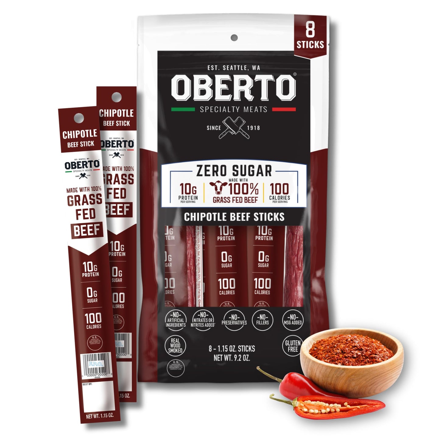Oberto Grass Fed Beef Sticks - Chipotle  Zero Sugar  No Artificial Ingredients  High Protein  Gluten Free  Wood Smoked  enhanced Grass Fed Meat Sticks  High Protein Snacks  1.15 Ounce (Pack of 8)
