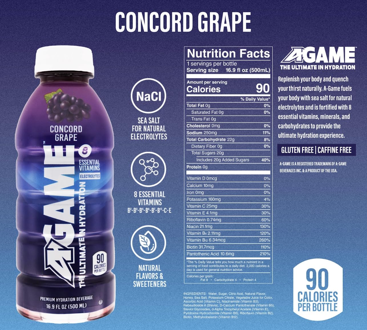 A-GAME Sports Drink, Concord Grape, The Ultimate Hydration Sports Beverage for Athletes, 8 Essential Vitamins including B, C, &
