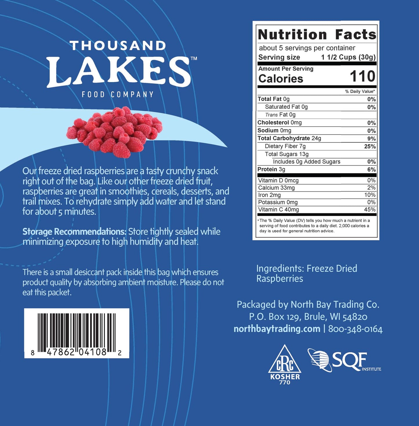 Thousand Lakes Freeze Dried Raspberries - No Sugar Added - 5.6 oz Bulk