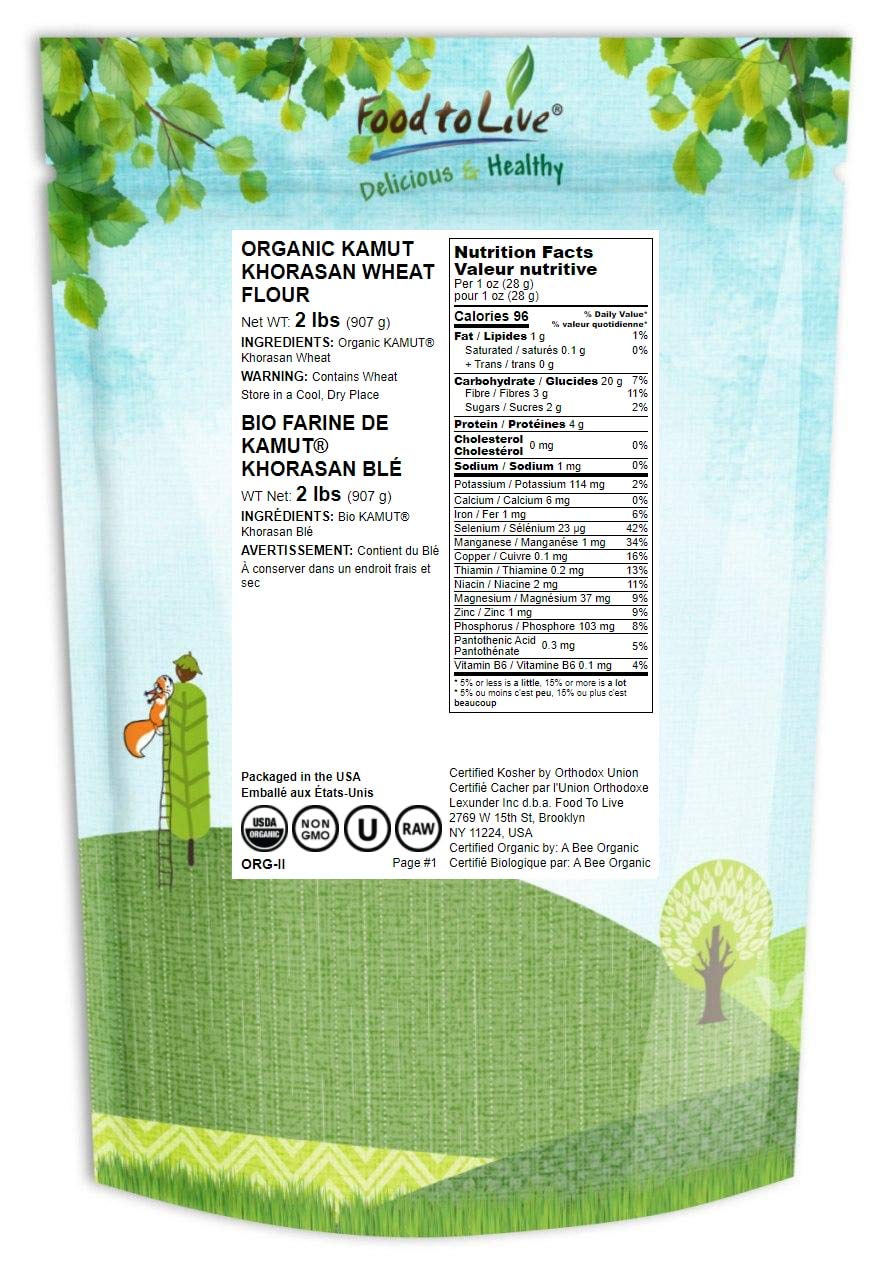 Food to Live Organic KAMUT Khorasan Wheat Flour, 2 Pounds - Stone Ground Powder, 100% Whole Grain Meal, Non-GMO, Kosher, Bulk