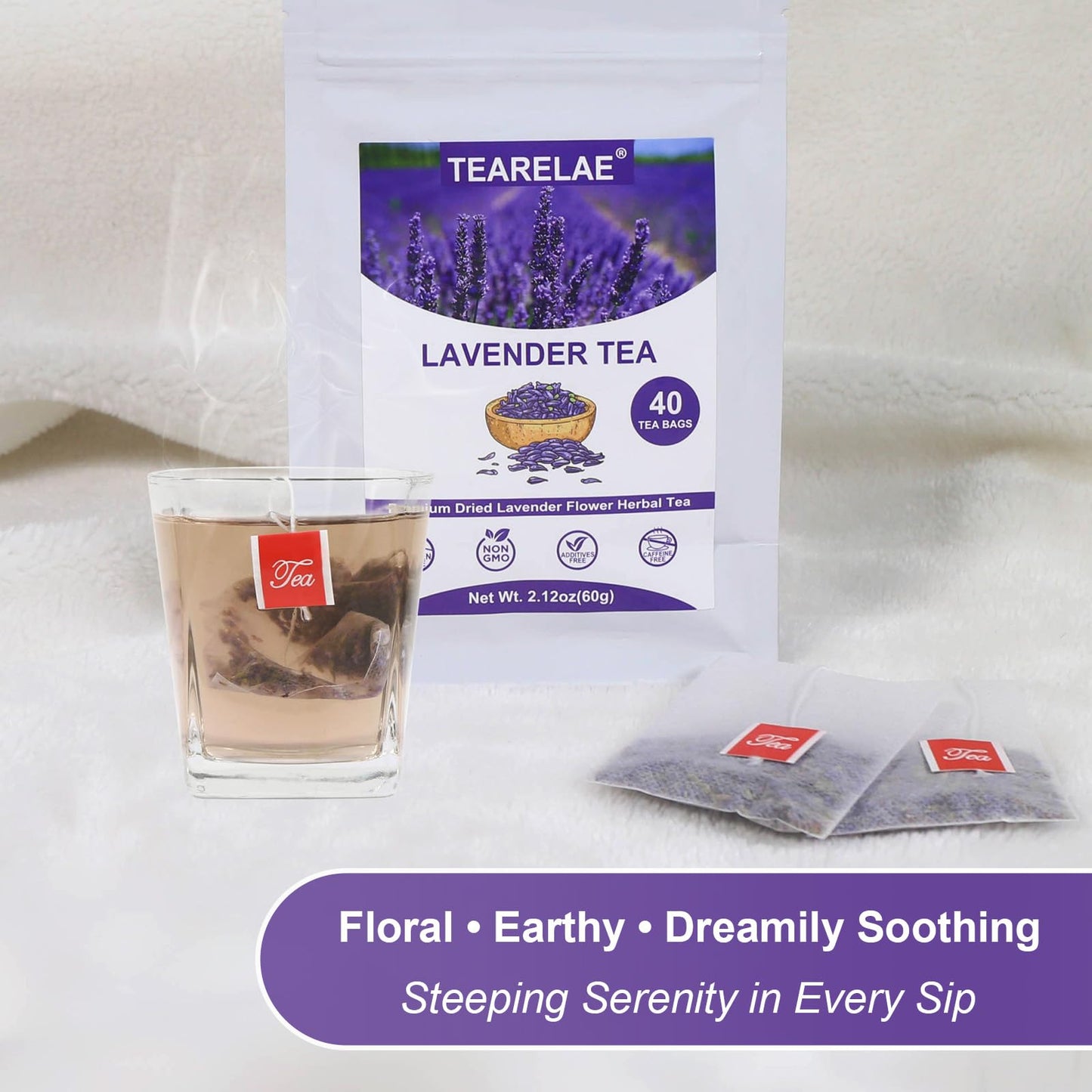 TEARELAE Lavender Tea Bags - Premium Dried Lavender Flower - Caffeine-Free - 40 Count