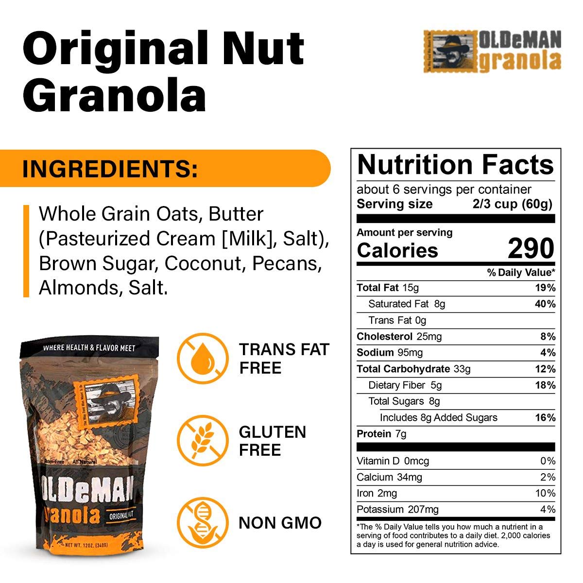 Olde Man Granola Gluten Free Granola Cereal - Non-GMO, Soft Whole Grain Oats - 12oz Pack