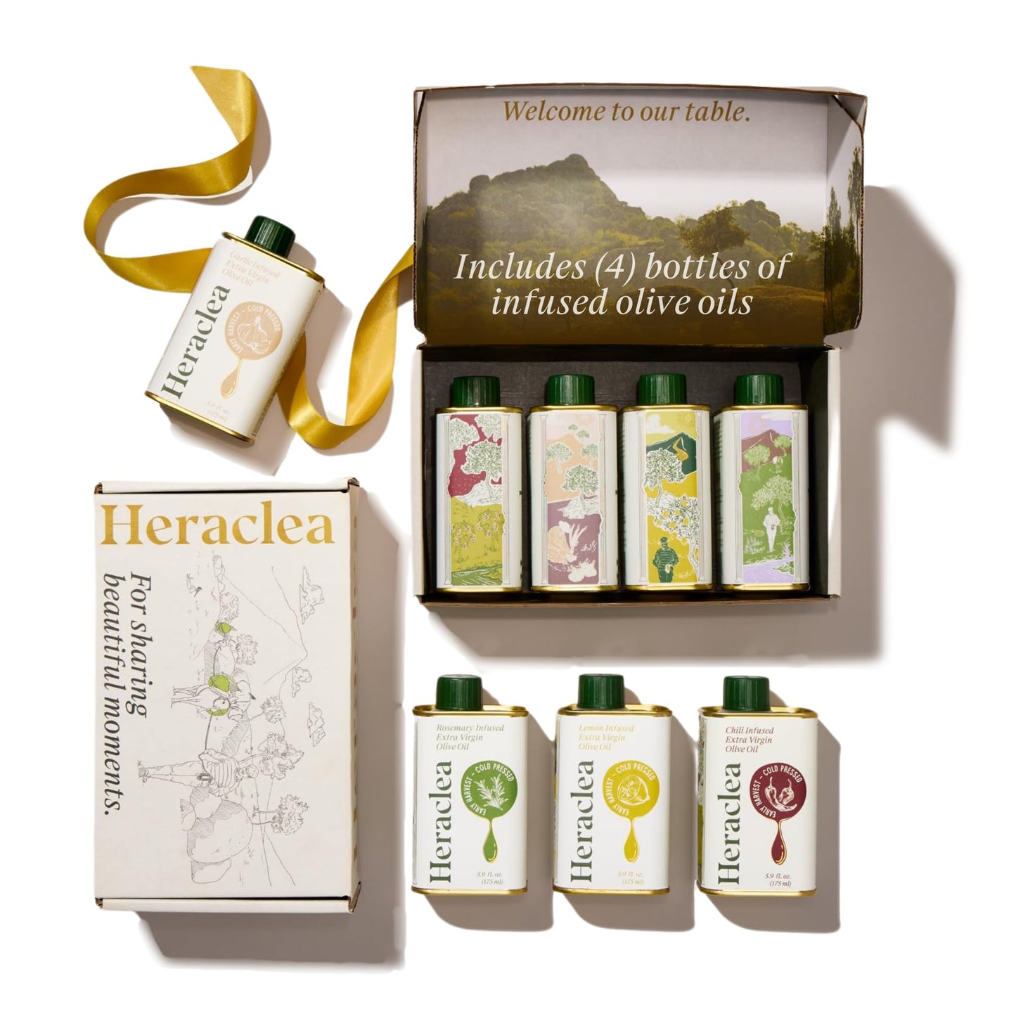 Heraclea Aegean Flavors Gift Box - 4 Infused Olive Oils - 5.9oz Bottles - Extra Virgin Olive Oil - Organic - Cold Pressed