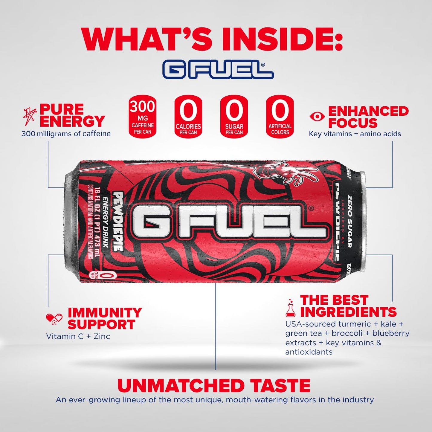 G Fuel PewDiePie Energy Drink 16 oz Can, 12-Pack Case, Red