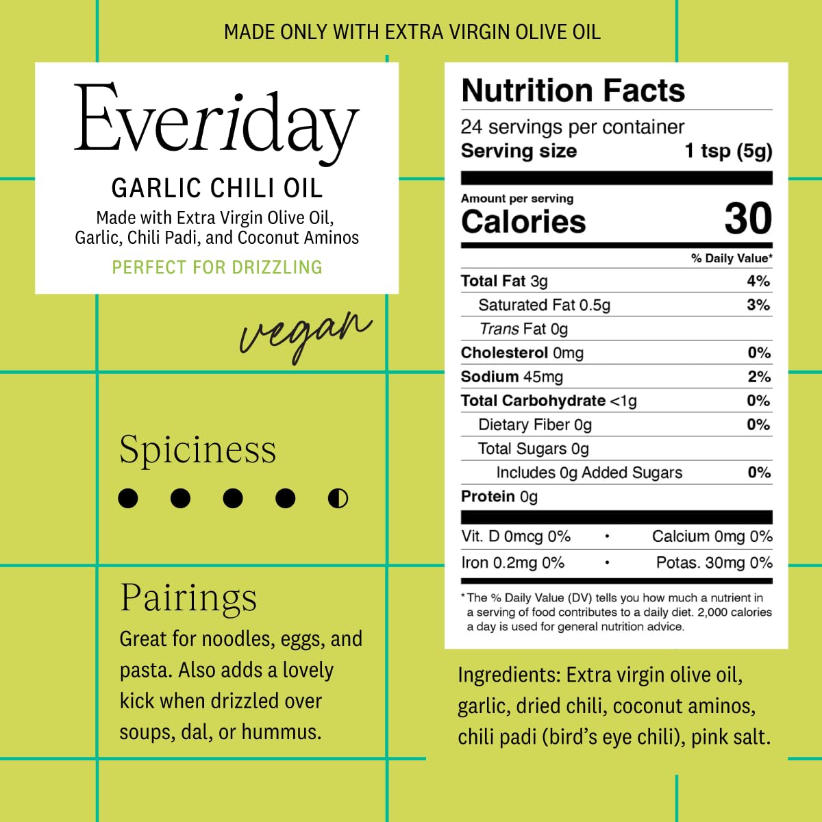 Everiday Garlic Chili Oil - Spicy Hot Sauce Alternative, All-Natural, Gluten-Free, Vegan, 4.2 oz