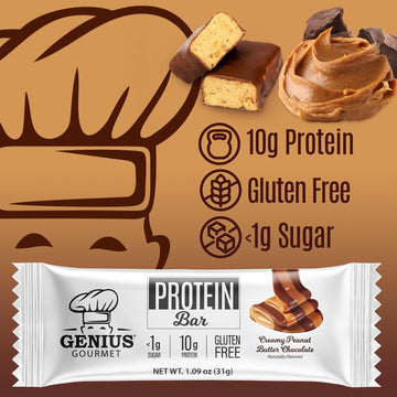 Genius Gourmet Protein Bar, Chocolate Peanut Butter, Keto Snack, Low Carb, Low Sugar & Gluten Free, Protein Snacks For Mature-Themeds, 10G Of Whey Protein Per Protein Bar, 5 Net Carbs, 10 Count