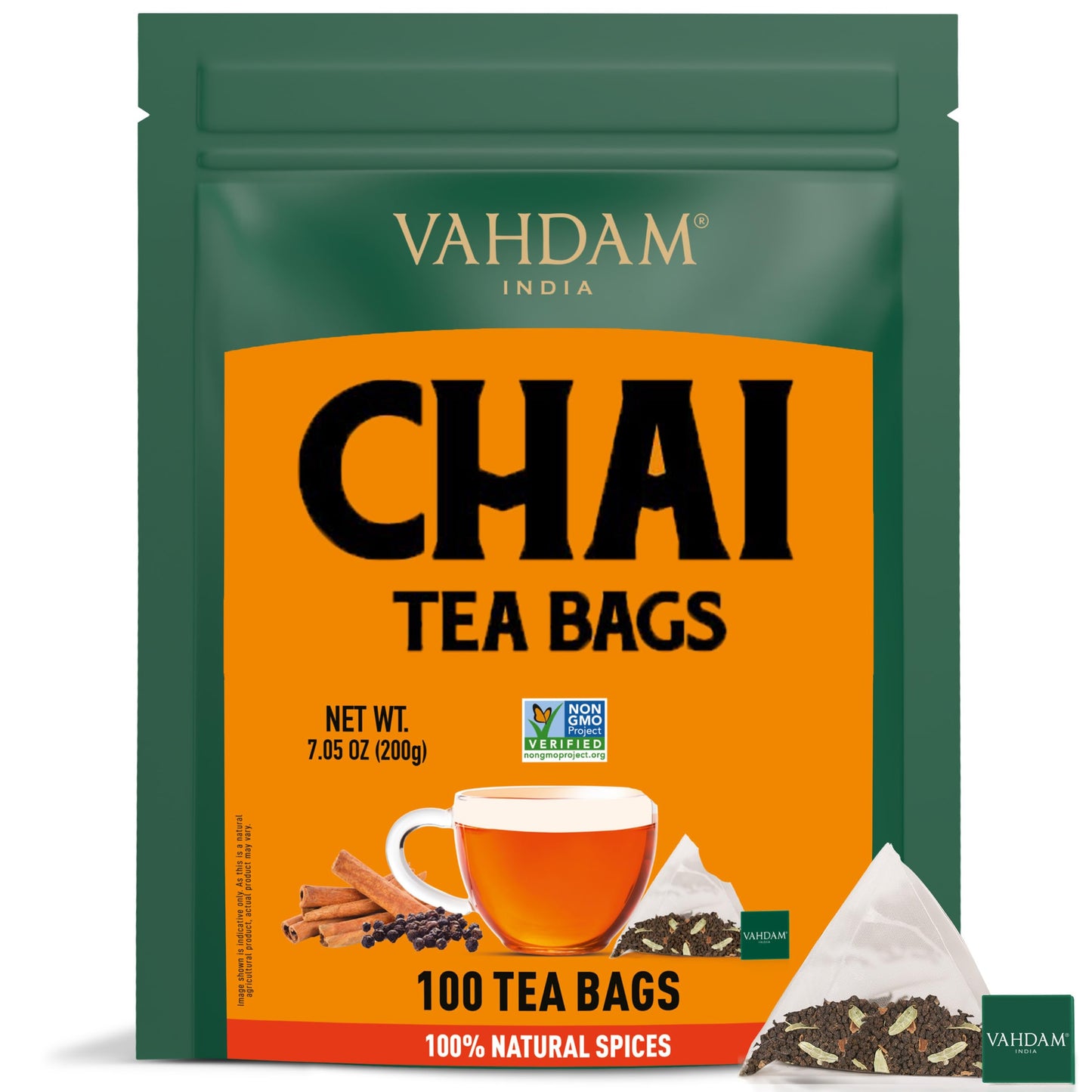 Vahdam, Indias Original Masala Chai Tea Bags (100 Count) No Added Flavoring | Blended W/Exotic Spices | Whole Leaf Tea Bags | Resealable Ziplock Pouch