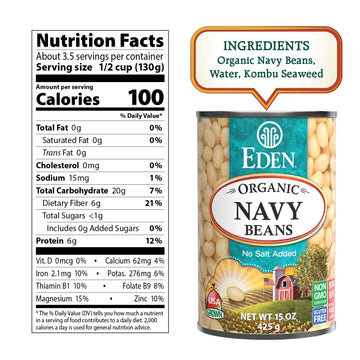 Eden Organic Navy Beans/White Beans, 15 oz Can (12-Pack), No Salt, Non-GMO, Gluten Free, Vegan, Kosher, U.S. Grown, Heat and Ser