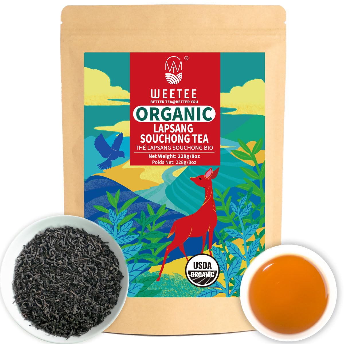 Wt Weetee Organic Lapsang Souchong Tea Loose Leaf  Organic Smoky Black Tea 8 Ounces  Natural Energy Blend & Antioxidant  Traditional Chinese Tea