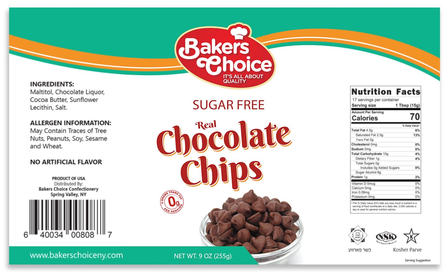 Sugar Free Chocolate Chips (Diet) - Dairy Free, Kosher - 9 oz. - Bakers Choice