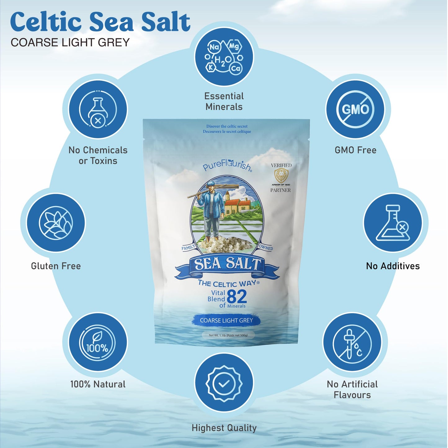 Pure Flourish Sea Salt - The Celtic Way 1.1 LB | Certified French Harvest & Import | Organic & Unrefined | Rich in 82 Essential Minerals | Hand Harvested Light Grey Celtic Salt Crystals from France