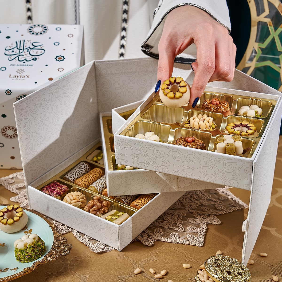 Laylas DELICACIES Mediterranean   Gift Box - 46 Bite-Size Halal, Vegetarian, Gluten Free Pastries - Eid Gift Box