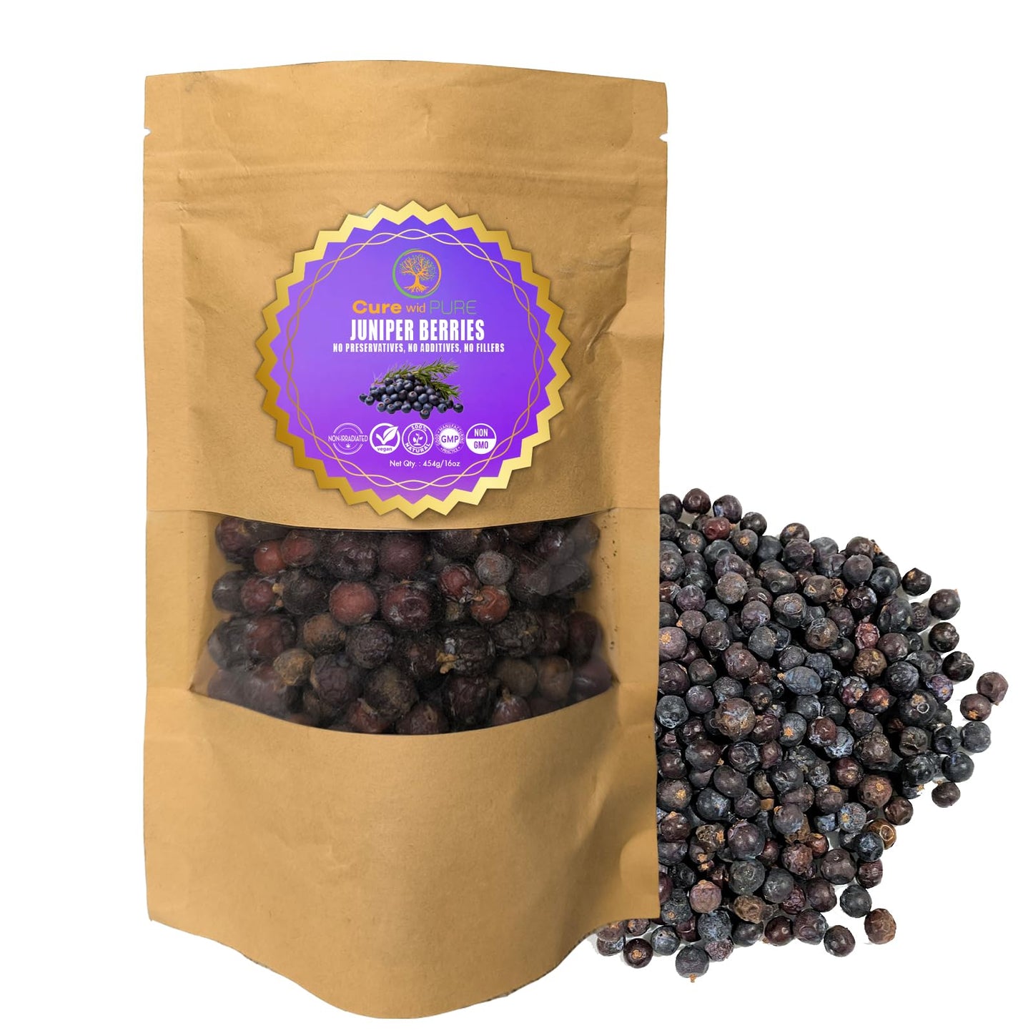 Cure wid Pure Dried Juniper Berries 4oz | Wild Harvested  Non-GMO Additives & Preservative-Free Organic Juniper Berries Whole in Eco-Friendly Resealable Bag |Elevate Meats  Soups  Teas & More