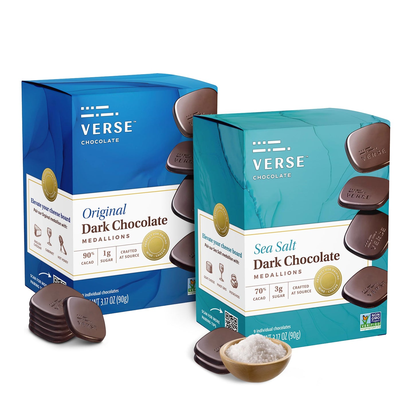 Verse Dark Chocolate Squares Variety Pack - Oriflavor Blendal And Sea Salt W/Low Cane Sugar  High Cacao - Top-Grade Dark Chocolates - Individually Wrapped Chocolate Squares (9 Count  2 Pack)