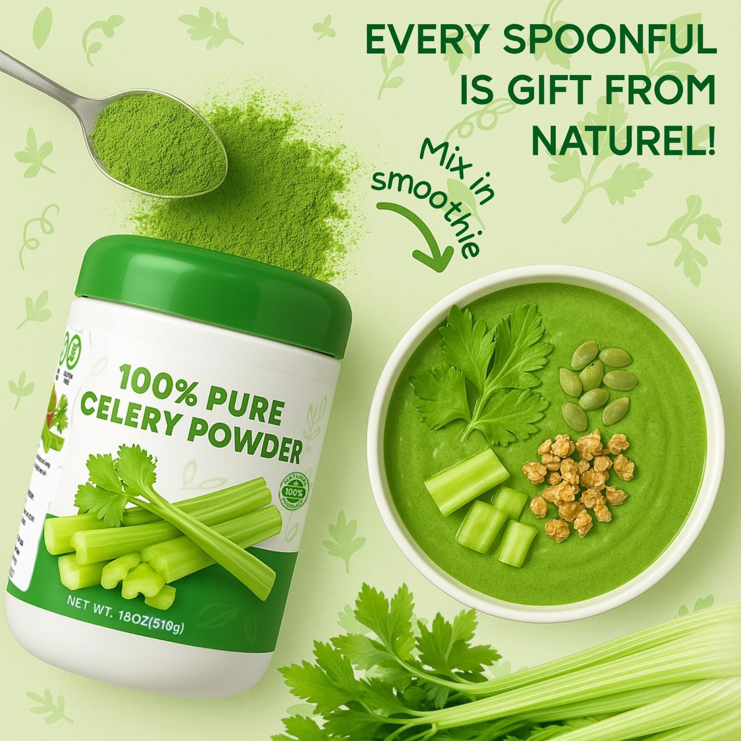 Gephron 18OZ Pure Celery Powder - 100% Natural, Non-GMO, Gluten-Free Seasoning, Perfect for Smoothies and Baking