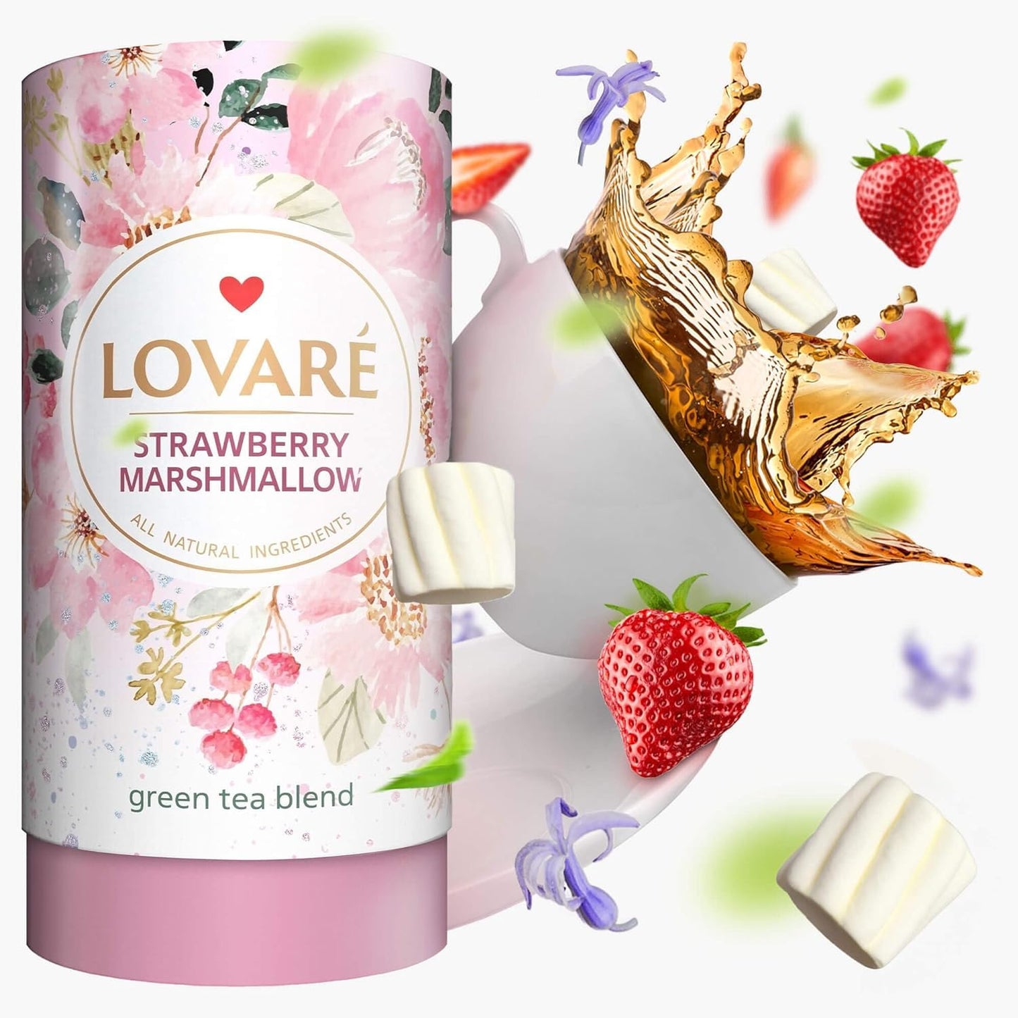 LOVARE Strawberry Marshmallow Loose Leaf Tea 80 g - Made in Ukraine - Green Tea, Strawberry, Cornflower Petals - Gift Box with 1