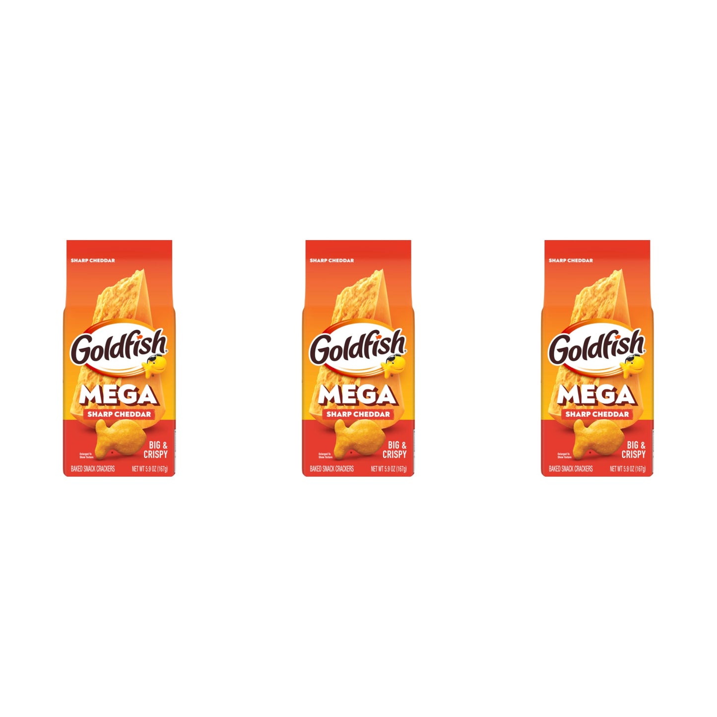 Goldfish Mega Bites, Sharp Cheddar Crackers, 5.9 Oz Bag (Pack of 3)
