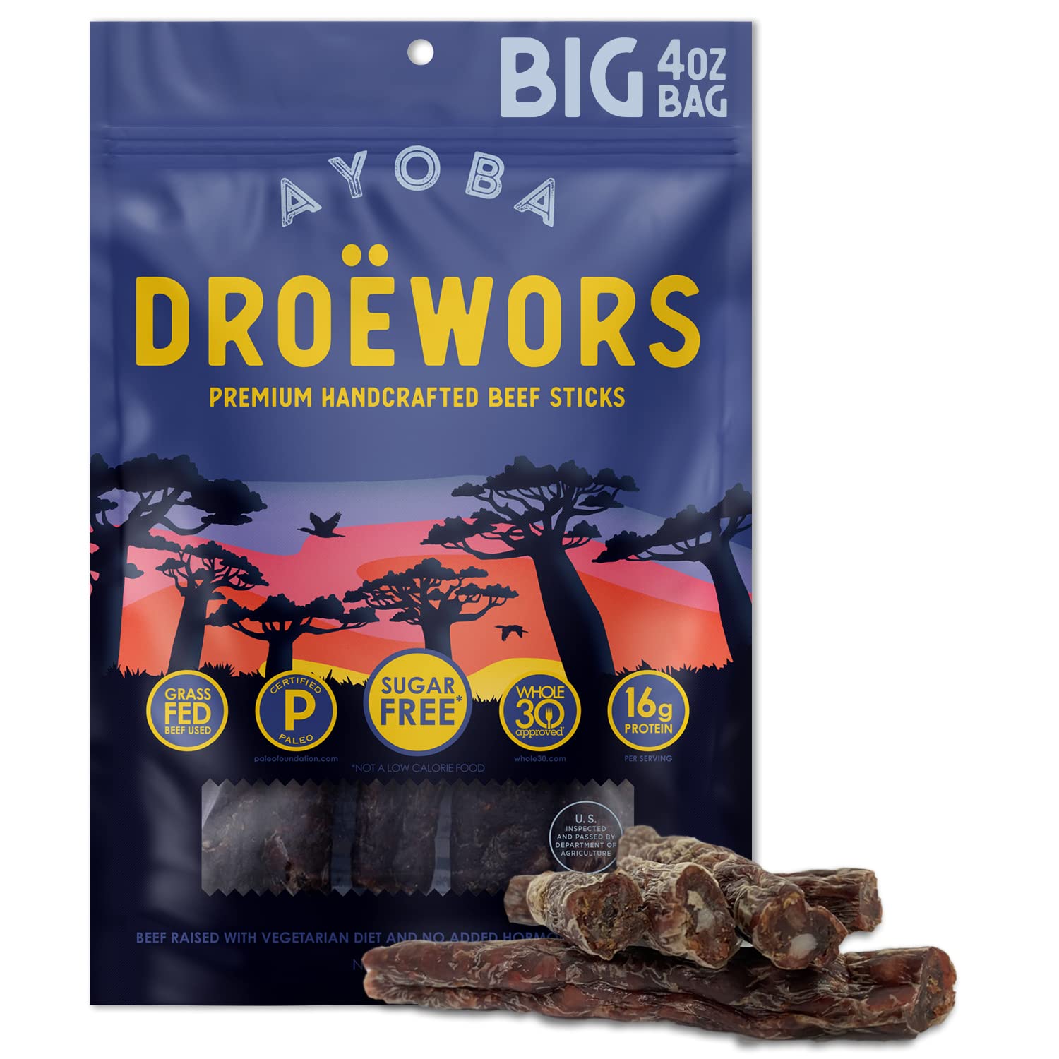 Ayoba Droewors Grass Fed Beef Paleo Sticks (4 Ounce, Pack Of 1) Keto Friendly, Air-Dried Grass Fed Beef Snack - Gluten Free, Nit
