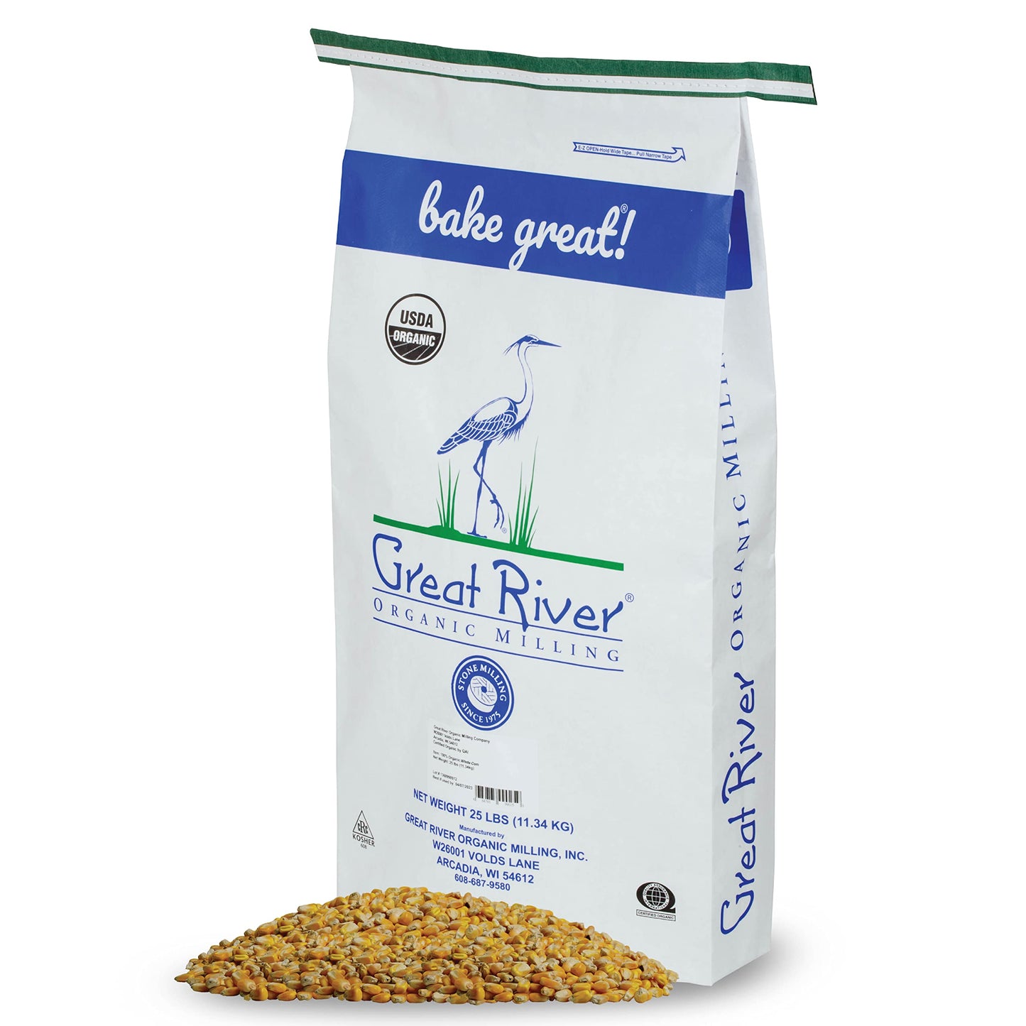 Great River Organic Milling Organic Whole Corn | Whole Grain Yellow Corn for Milling, Cooking & Baking | USDA Organic, Non-GMO, 
