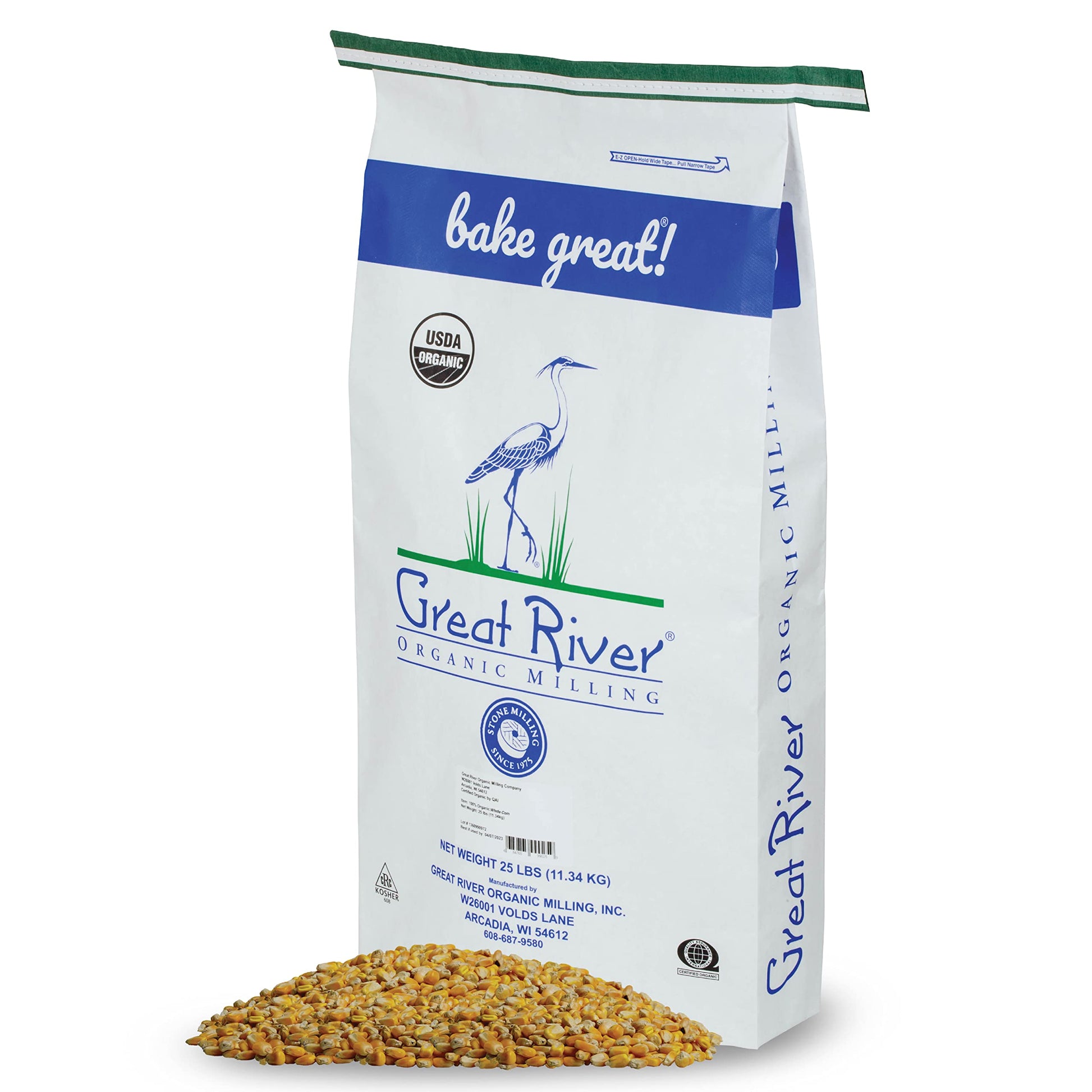 Great River Organic Milling Organic Whole Corn | Whole Grain Yellow Corn for Milling, Cooking & Baking | USDA Organic, Non-GMO, 