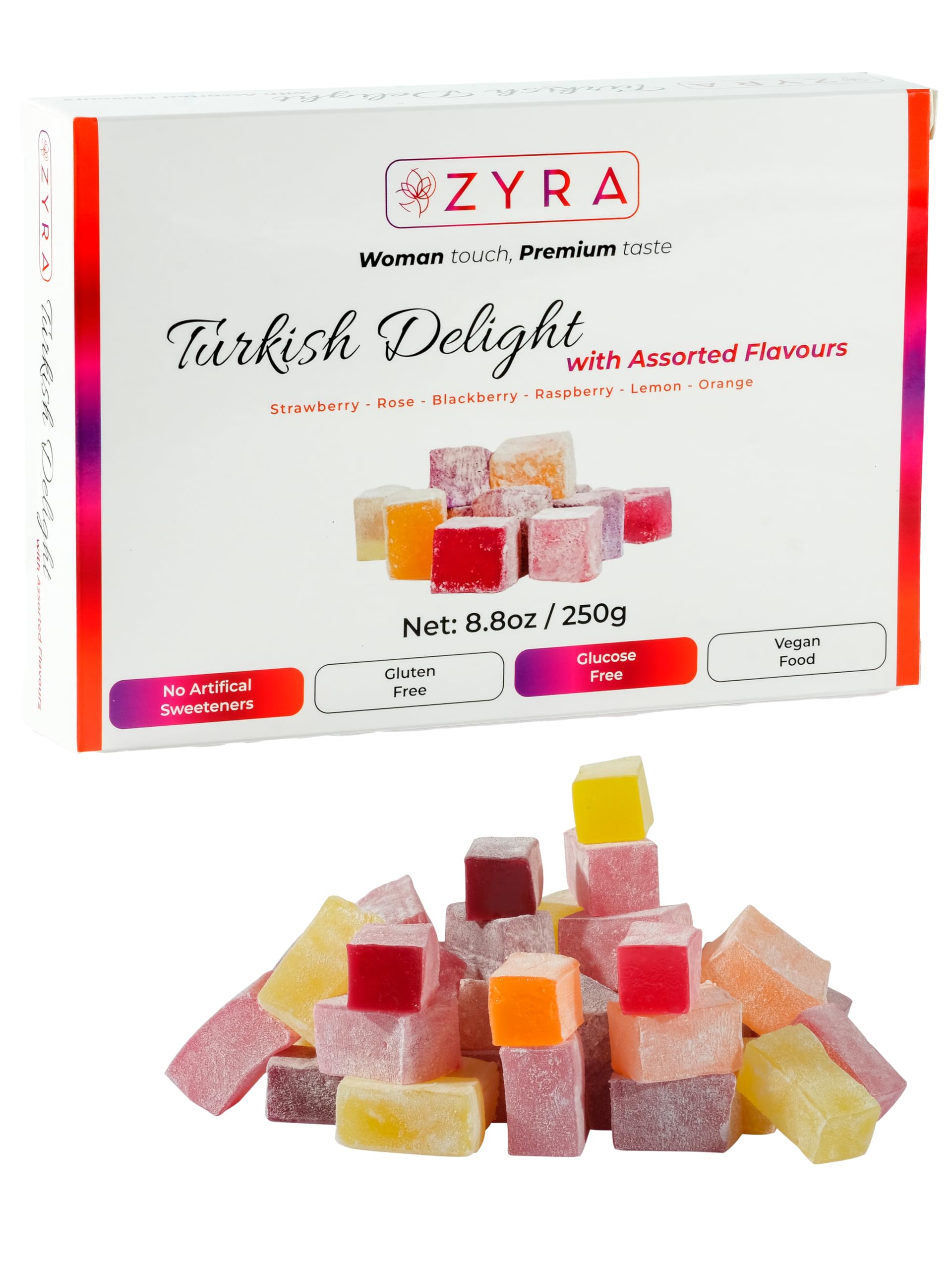 Zyra Turkish Delight - 8.8Oz - Woman Owned Brand - Luxury With Assorted Fruit - Rose, Strawberry, Raspberry, Blackberry, Lemon, Orange - Authentic Enhanced Lokum Confectionery - Gifts For Everyone