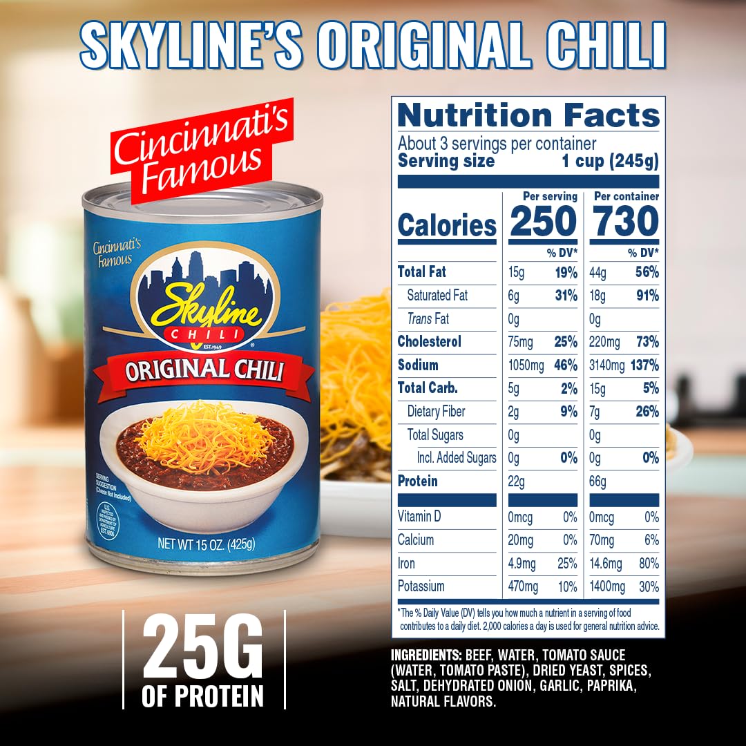 Skyline Chili Bundle Pack - 8 Cans of 15 oz Skyline Original Canned Chili with 1 Bag of 8 oz Skyline Oyster Crackers, Authentic