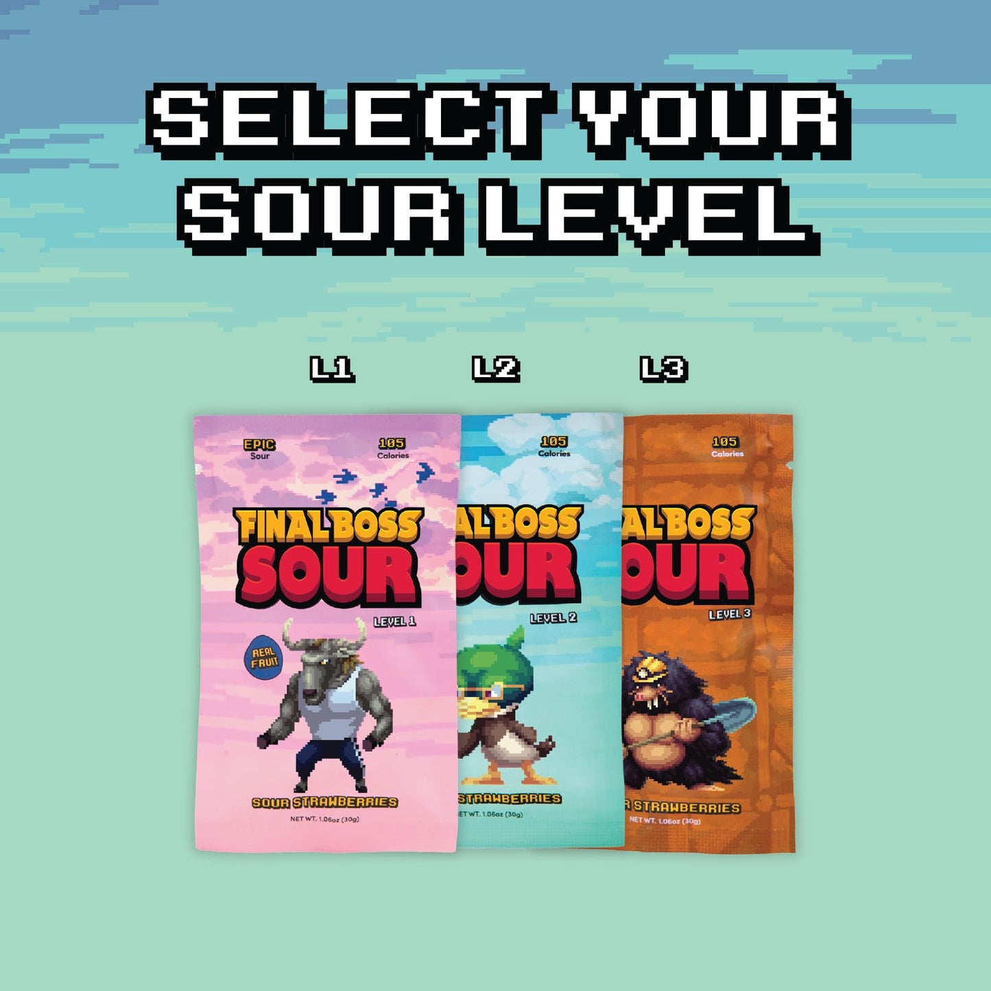 Final Boss Sour Candy  Extremely Super Sour Gummy Candy  Strawberry  LvL 2  (1.06 Ounces Bags  10 Bags) - Gummies Made with Dried Fruit  Free of Artificial Colors  Low Calorie Healthy Snack for Kids & mature-themeds