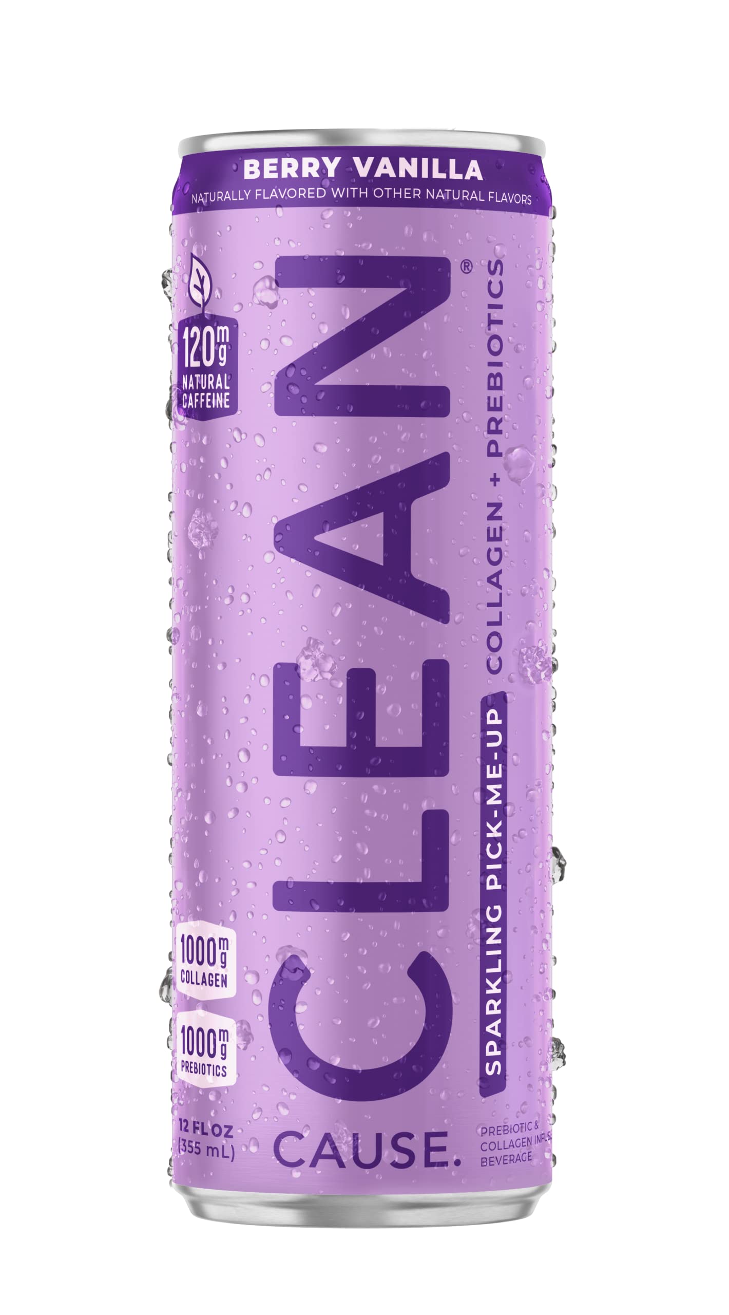 CLEAN CAUSE Berry Vanilla Sparkling Beverage with Prebiotics & Collagen, 12oz Cans, 12-Pack Case, Low Sugar, 120mg Caffeine