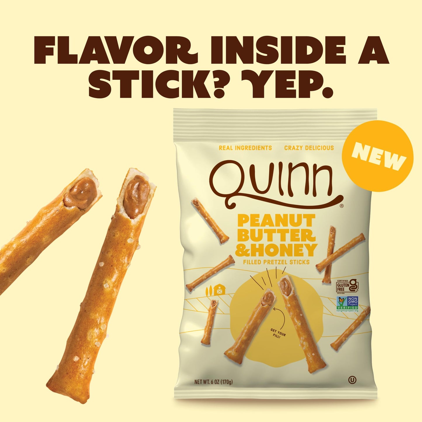 Quinn Snacks Peanut Butter & Honey Filled Pretzel Sticks - Gluten Free Snack  Sweet & Salty  Made with Real Natural Ingredients  Peanuts  Sorghum  & Root Vegetables  Dairy Free - 6 oz (Pack of 1)