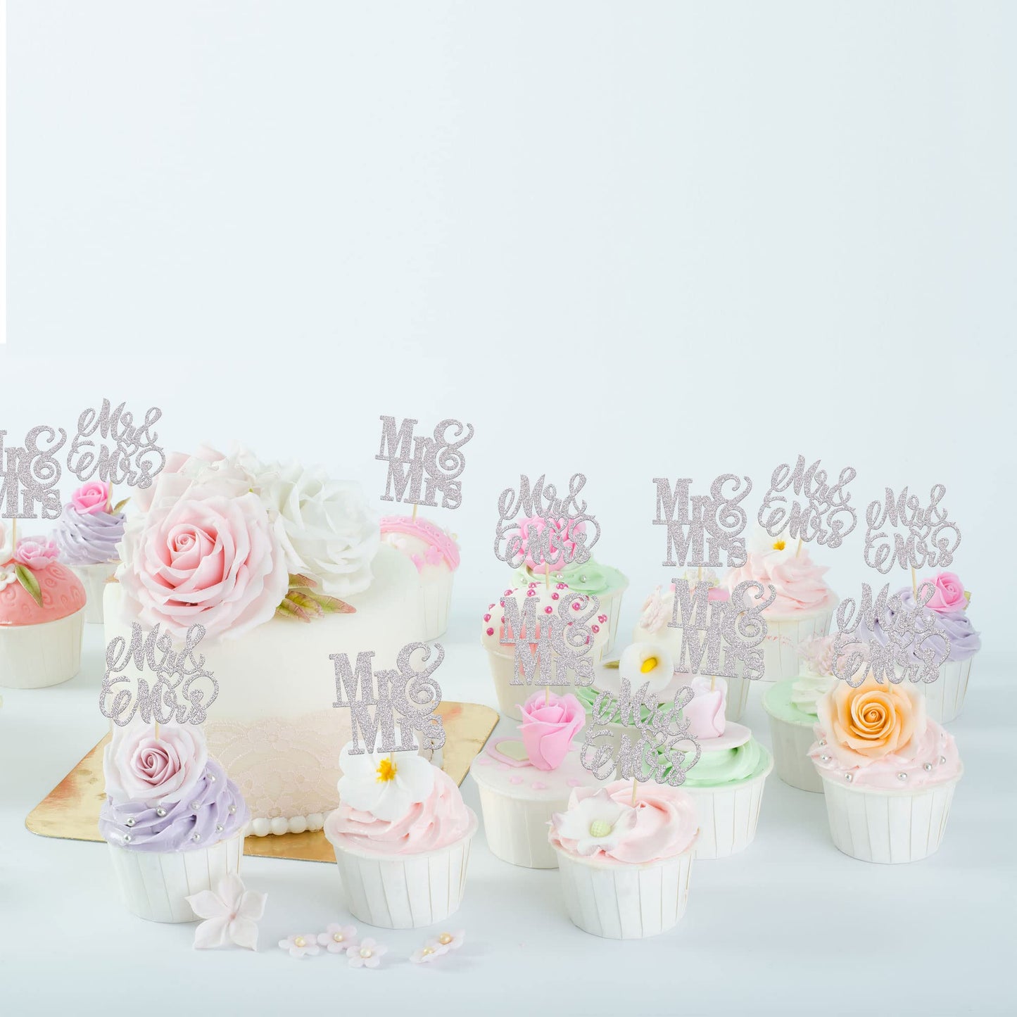 24Pcs Silver Glitter Mr & Mrs Cupcake Toppers Love Wedding Cupcake Toppers Bridal Shower Cake Pick Decorations For Bridal Shower