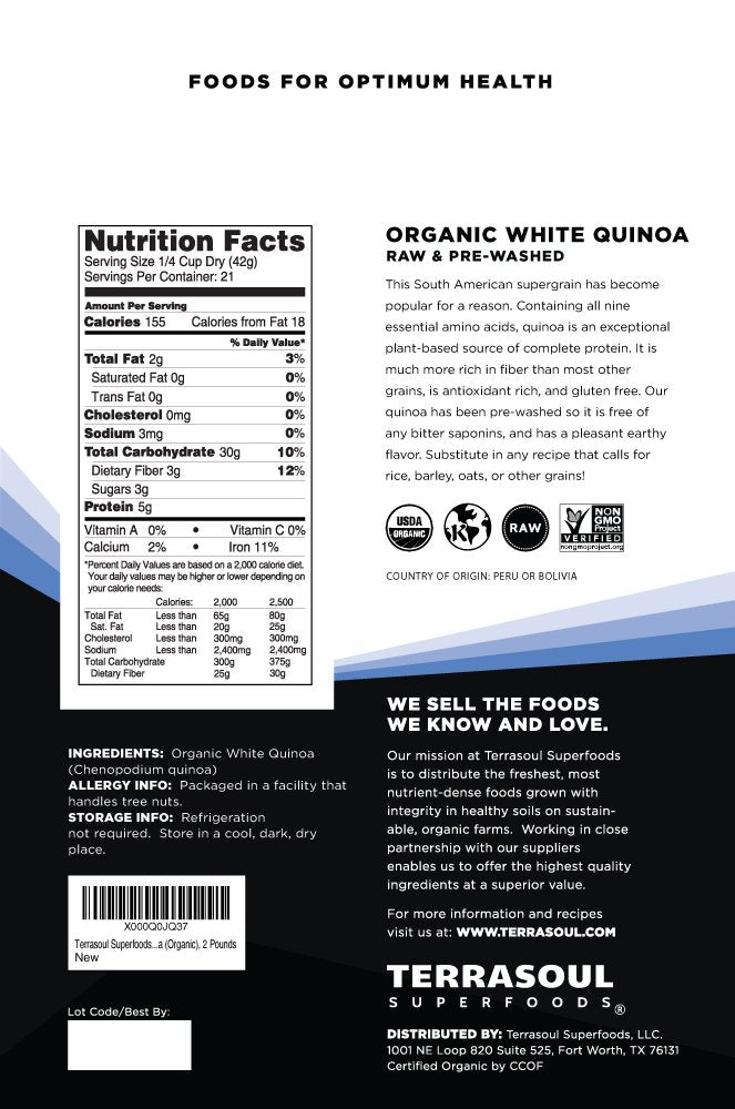 Terrasoul Superfoods Organic White Quinoa, 2 Lbs - Pre-washed | Gluten-free | Plant Protein