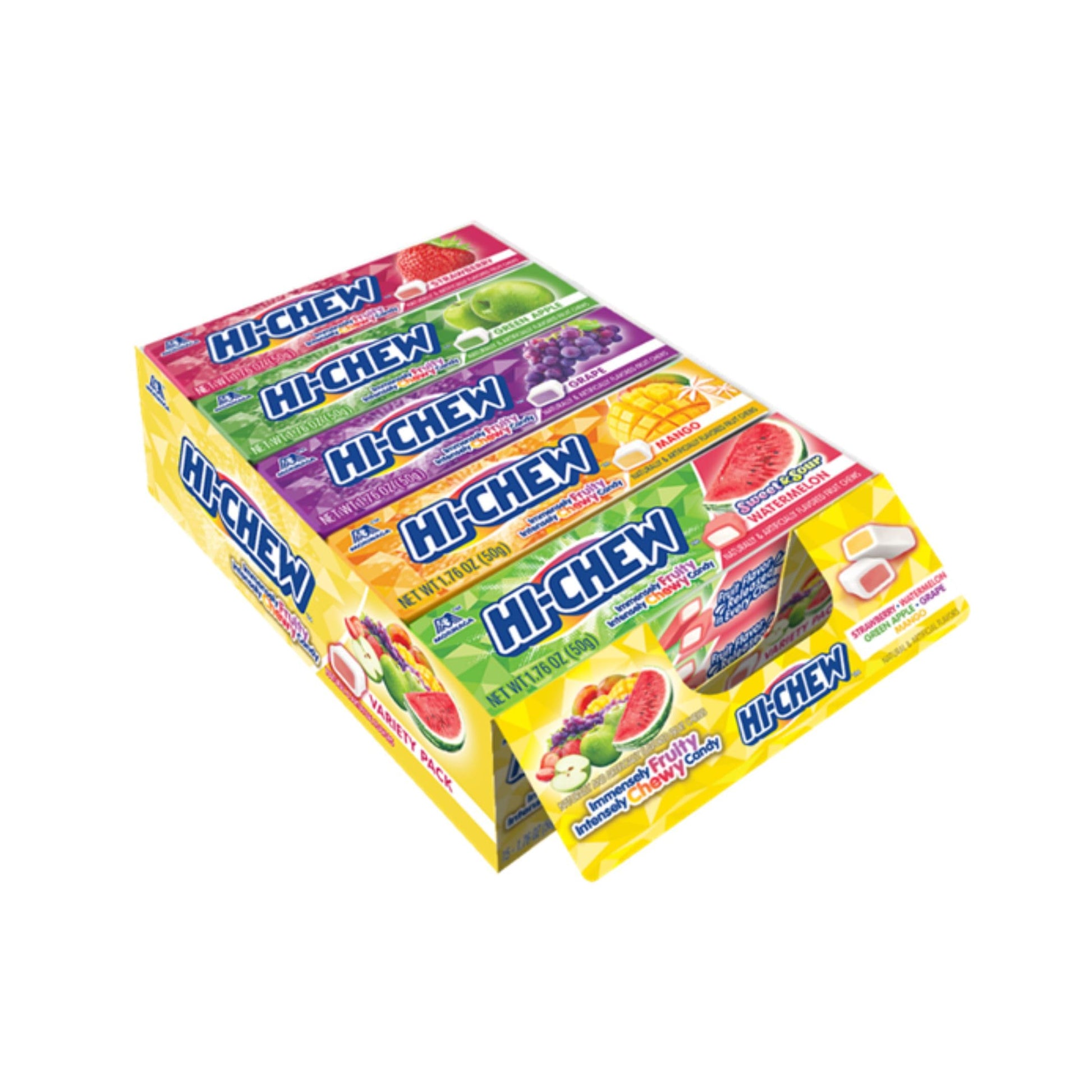 Hi-Chew Variety - Box Of 15 Sticks, 1.76Oz Ea | Unique Fun Soft & Chewy Taffy Candy | Immensely Juicy Exotic Fruit Flavors | Strawberry Green Apple Grape Mango Sweet & Sour Watermelon