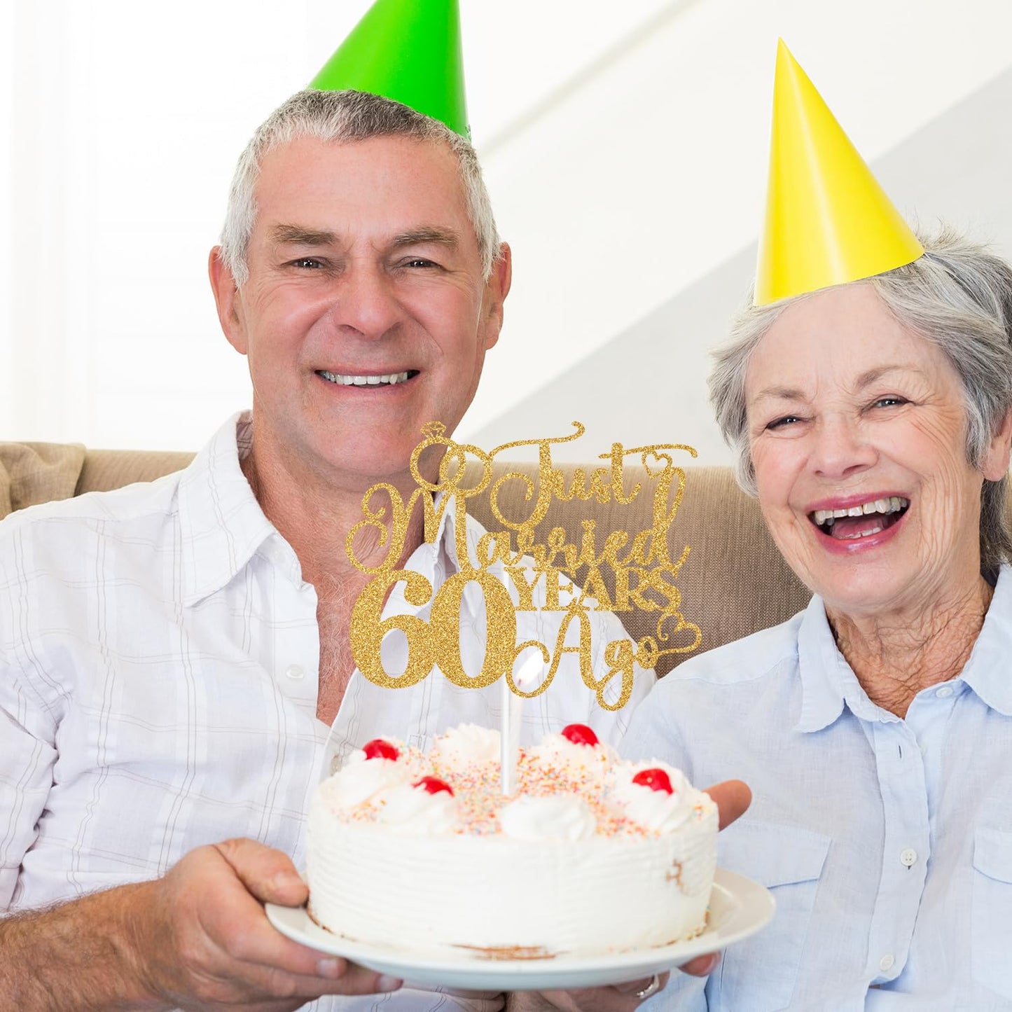 Just Married 60 Years Ago Cake Topper, 60Th Anniversary Cake Decor, 60 Years & Loved, Happy 60Th Wedding Anniversary Party Decor