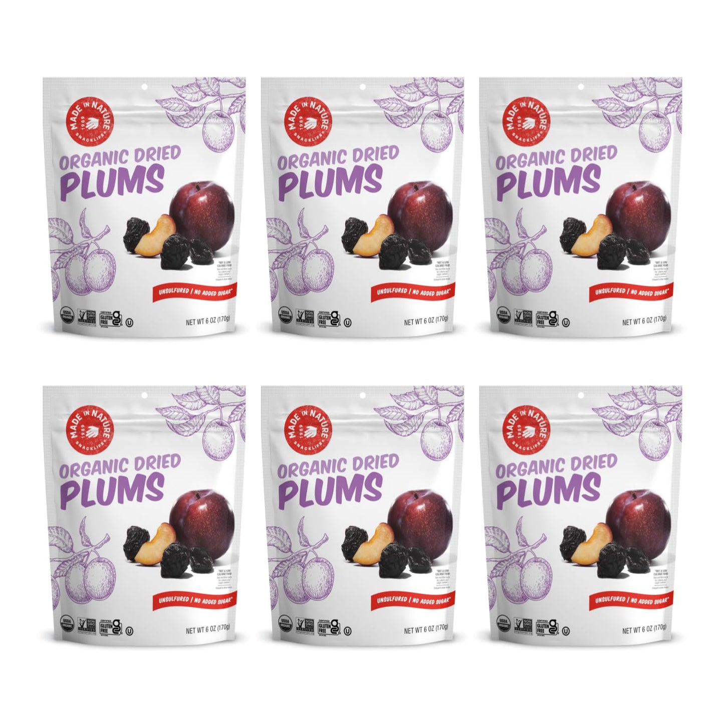 Made In Nature Organic Dried Plums, 6 Ounce (Pack of 6) - Vegan Snack, Non-GMO, Unsulfured, Gluten Free, Kosher