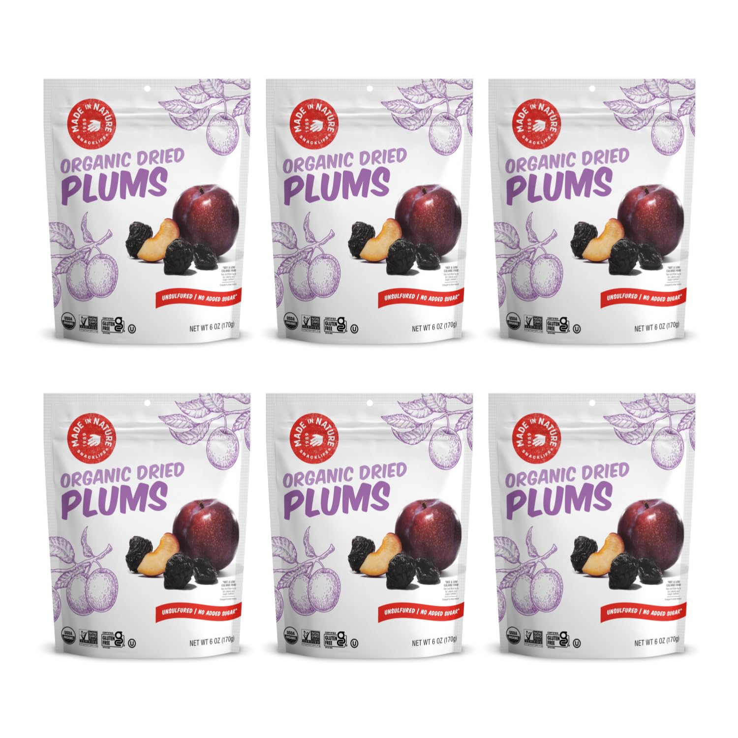 Made In Nature Organic Dried Plums, 6 Ounce (Pack of 6) - Vegan Snack, Non-GMO, Unsulfured, Gluten Free, Kosher