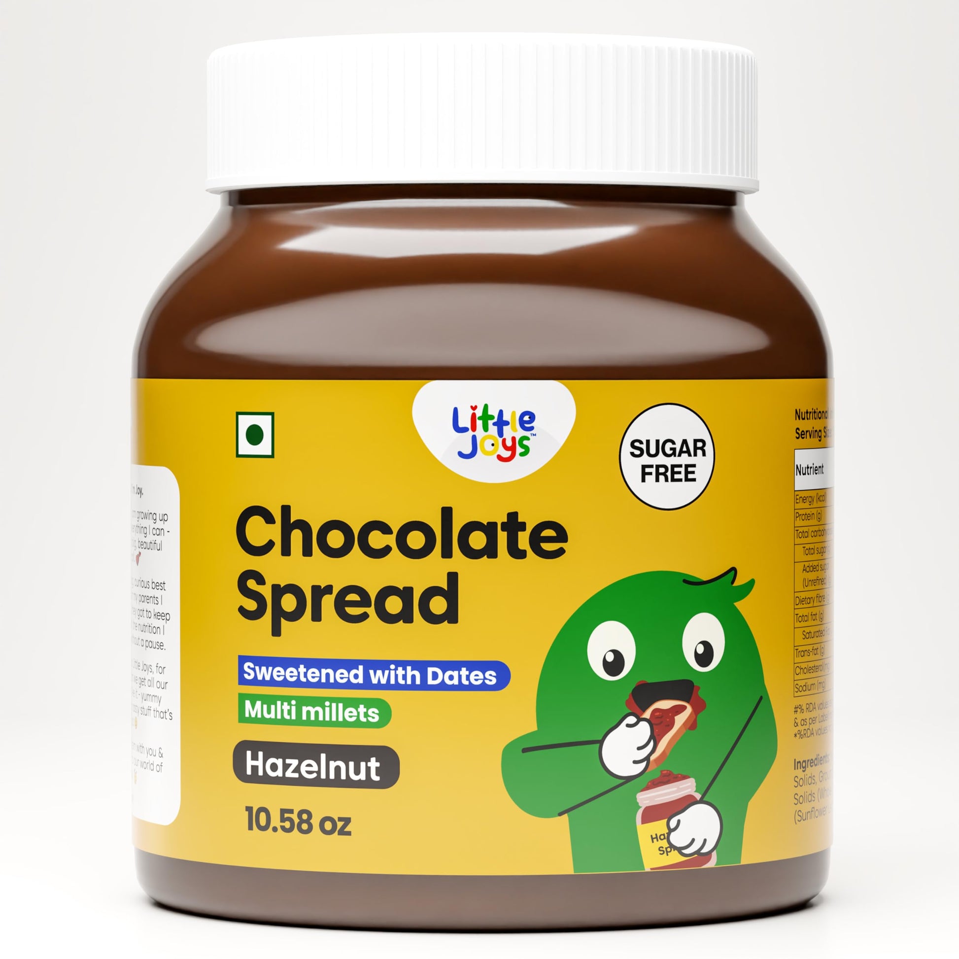 Little Joys Chocolate Spread. No Sugar, No Palm Oil, No Preservatives. Sweetened with Dates. Rich Hazelnut, Cocoa, Multi Millets