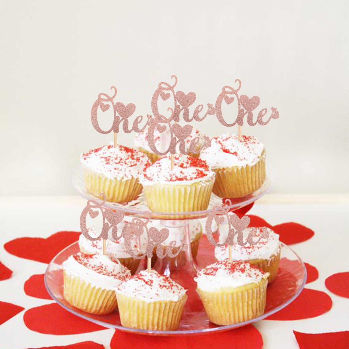 24 Pcs One Cupcake Toppers With Love Glitter Valentine'S Day 1St Birthday Cupcake Picks Decorations For Wedding Anniversary Baby