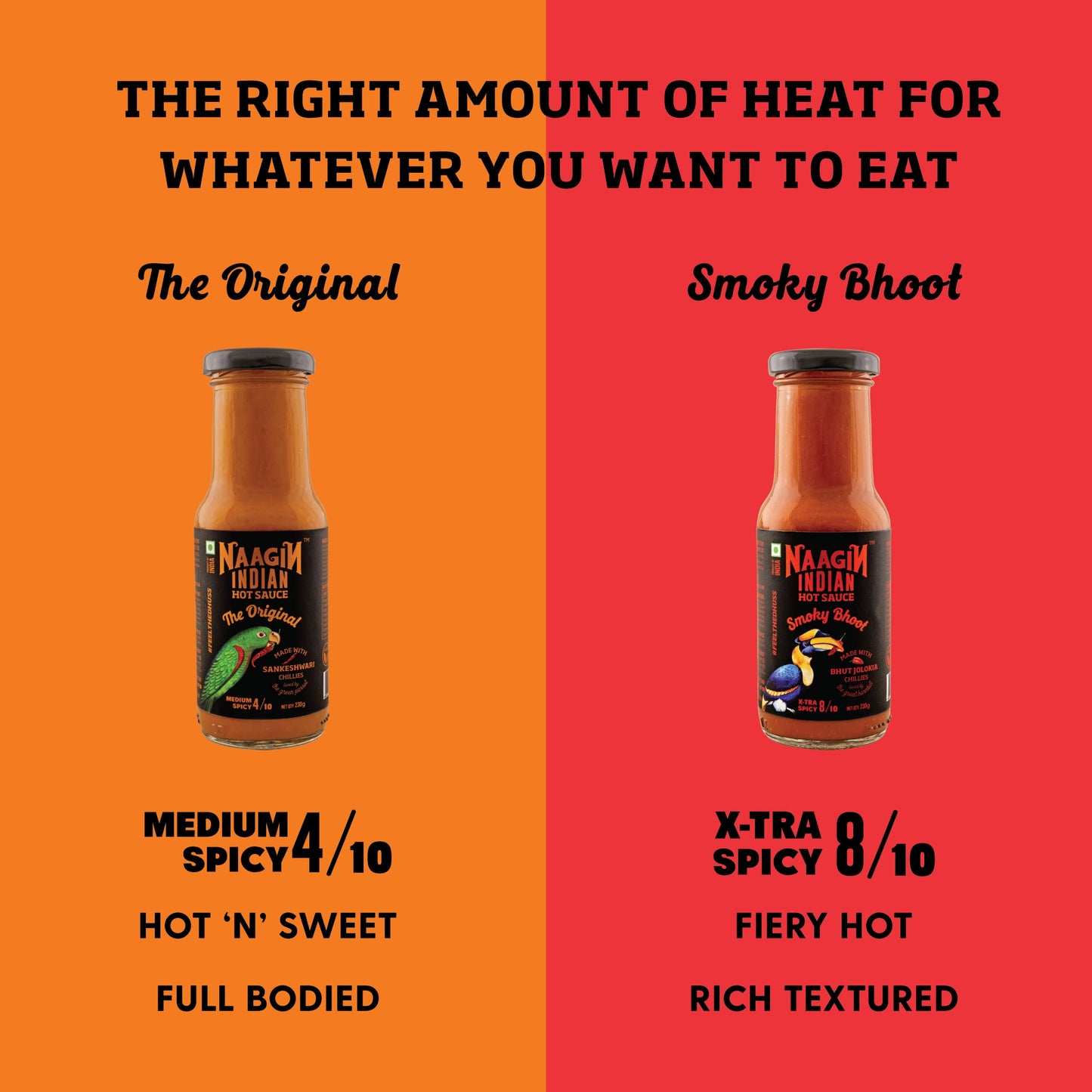 Naagin Original Hot Chilli - Medium Spicy Sauce (230Gm) + Bhoot Hot Chilli Extra Spicy Sauce (230Gm), (Pack Of Two)