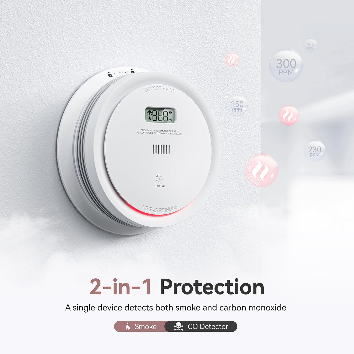 Smoke Detector Carbon Monoxide Detector Combo 10 Year Battery, 2 In 1 Fire & Co Alarm With Lcd Display,Smoke Alarm Co Detector W