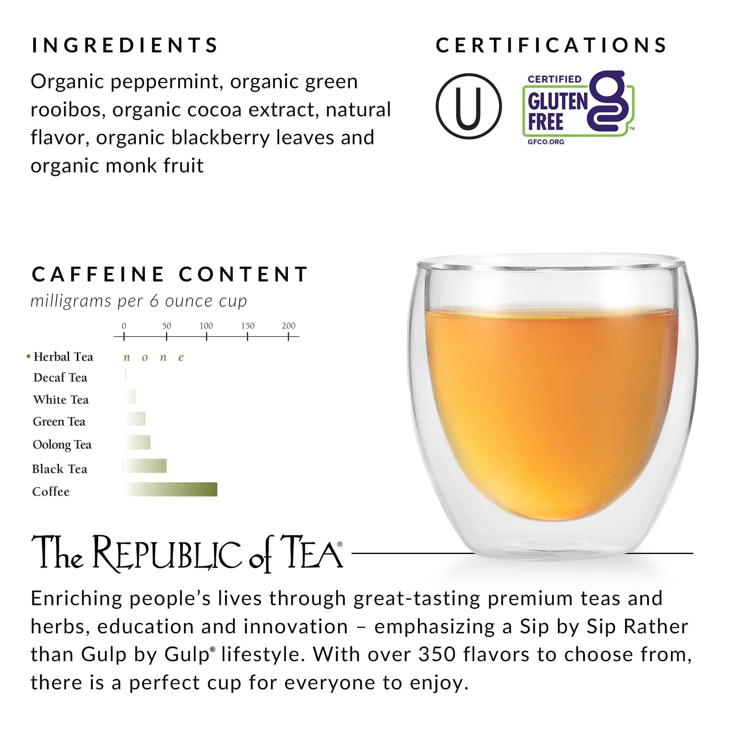 The Republic of Tea Peppermint Bark Herb Tea, Caffeine-Free, 36 Tea Bags, 36 Count