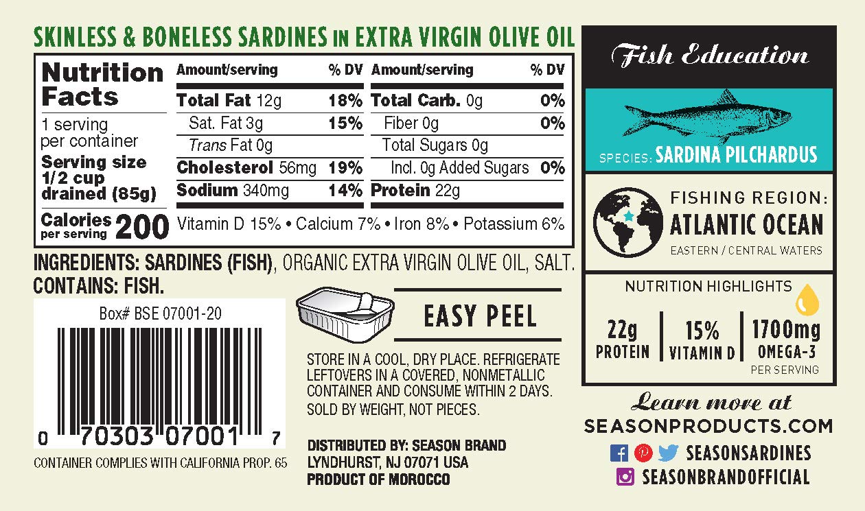 Season Sardines In Extra Virgin Olive Oil - Skinless & Boneless, Wild Caught, 22G Of Protein, Keto Snacks, More Omega 3'S Than Tuna, Kosher, High In Calcium, Canned Sardines - 4.37 Oz Tins, 12-Pack