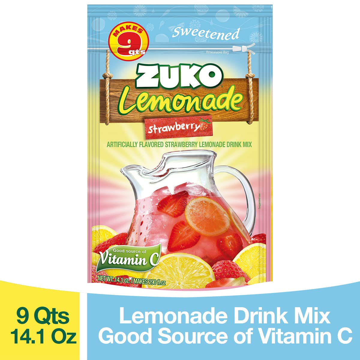 Zuko Strawberry Lemonade Instant Powder Drink | Family Pack | No Sugar Needed | Vitamin C | 14.1 Ounce (Pack Of 6)