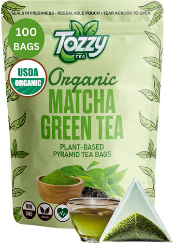 Tozzy Usda Organic Matcha Green Tea - 100 Count (Pyramid Tea Bags) | Ceremonial Matcha + Whole Leaf Sencha | Pure Plant-Based In