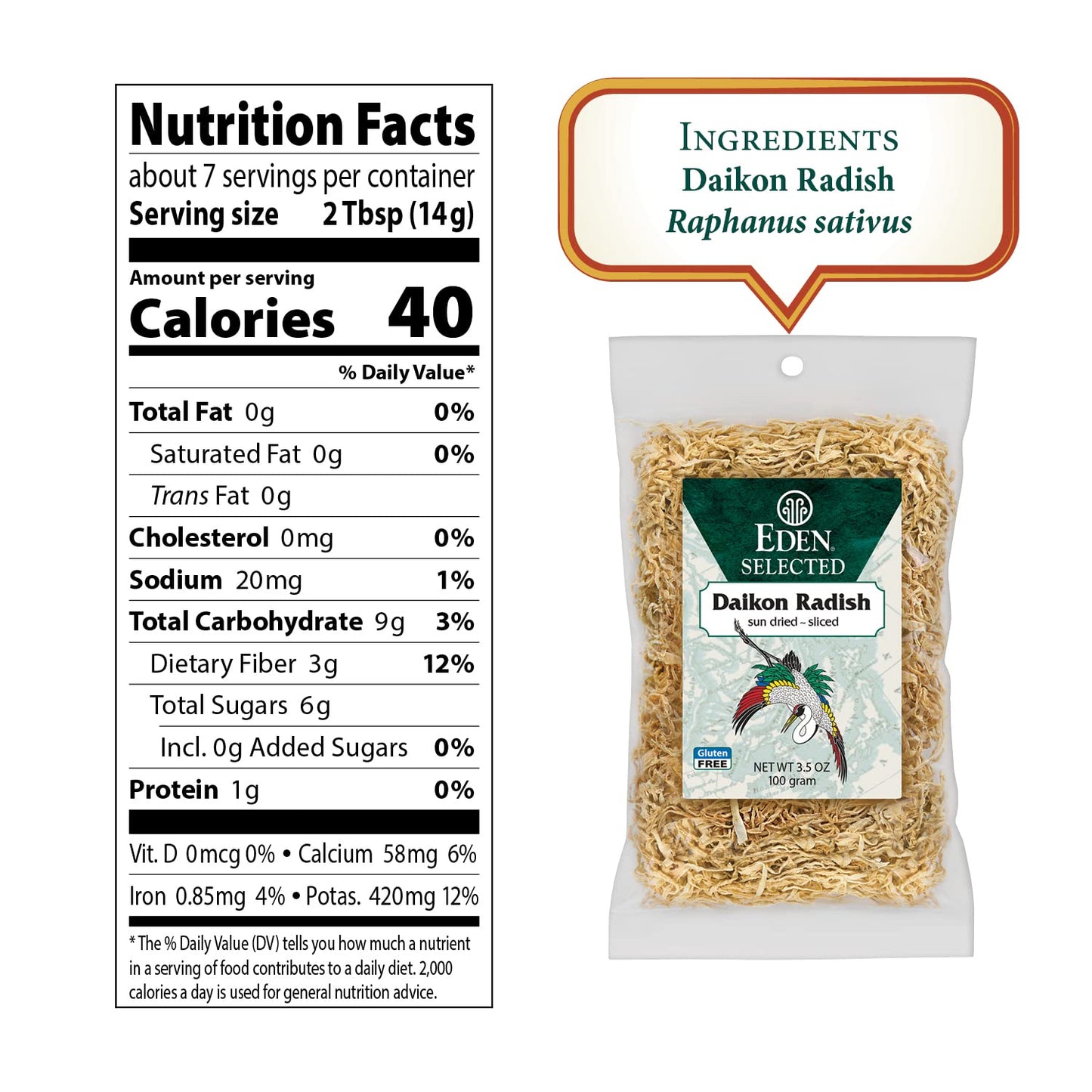 Eden Sun Dried Daikon Radish, Finely Sliced, 3.5 oz - Traditional Japanese Snack, Healthy, Vegan, Gluten-Free