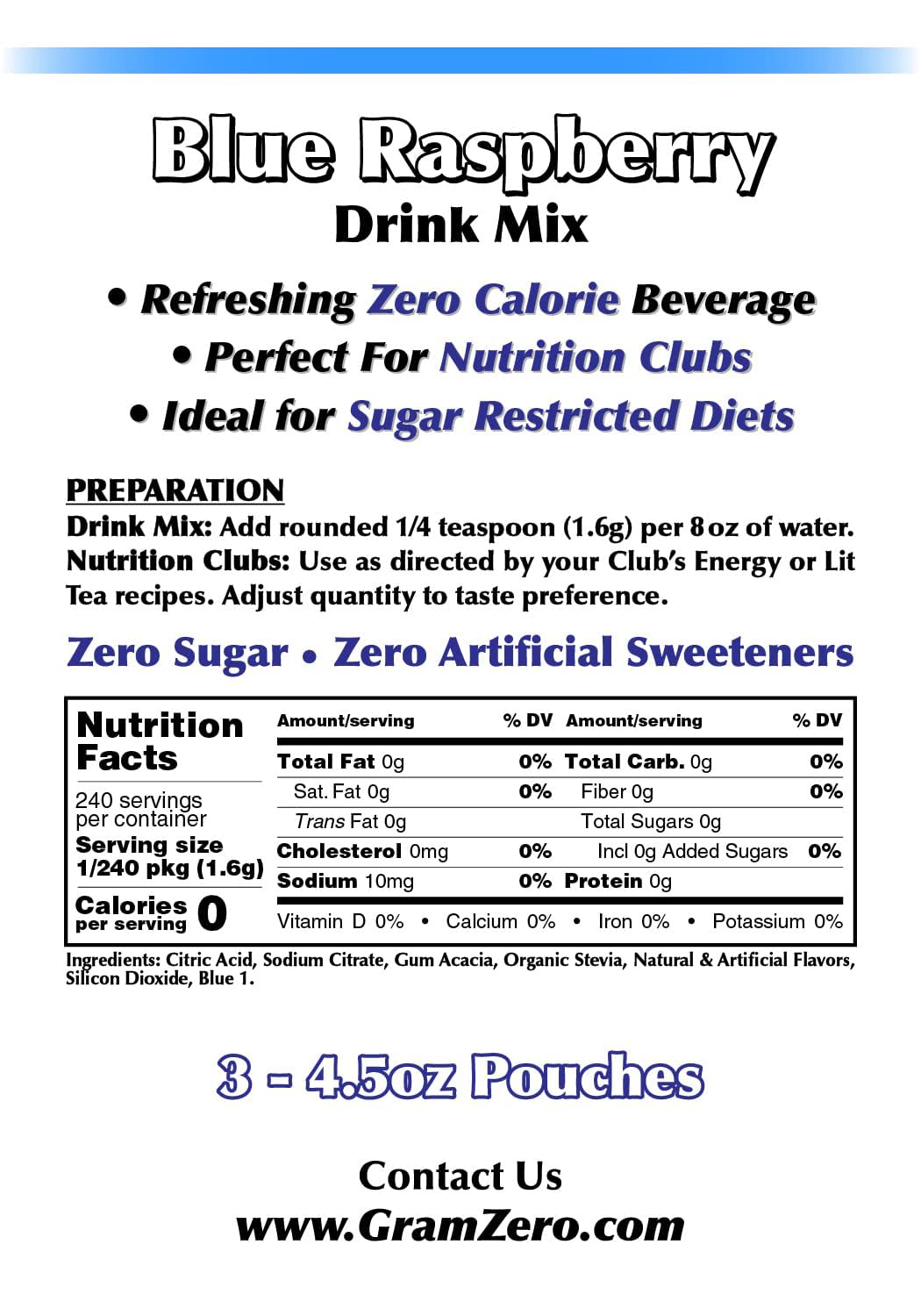Gramzero Blue Raspberry Zero Calorie Sugar Free Drink Mix, Great For Nutrition Club Loaded Teas, Stevia Sweetened