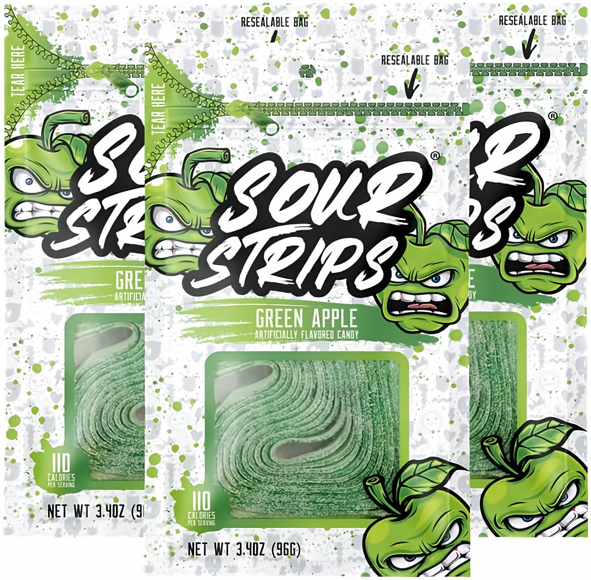 SOUR STRIPS Sour Candy Strips, Chewy Vegetarian Candies, Green Apple Flavor, 3-Pack