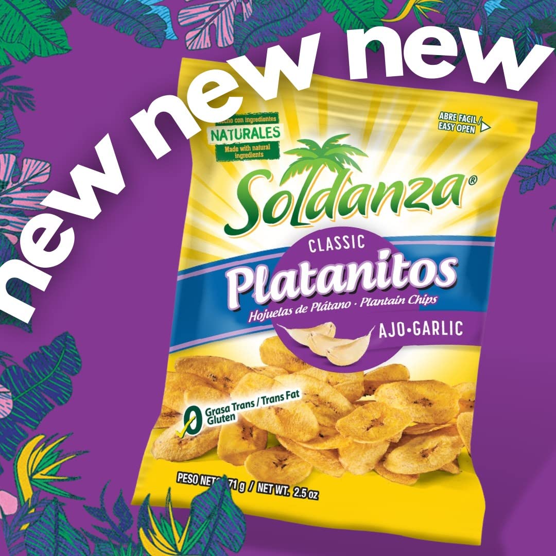 Soldanza Plantain Chips, Variety Pack 2.5 Oz (Pack Of 12) 4 X Salted Plantain Chips, 4 X Ripe Plantain Chips, 4 X Garlic Plantai